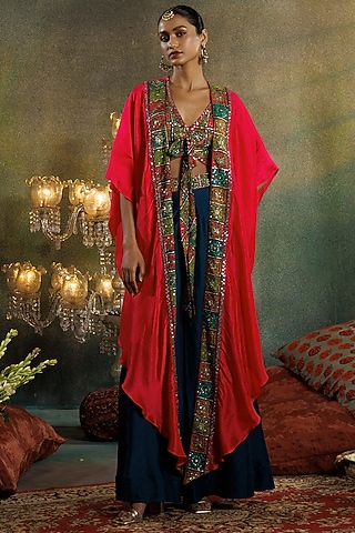 Cerise Pink Silk Sequins & Cutdana Embellished Kaftan Jacket Set by Onaya