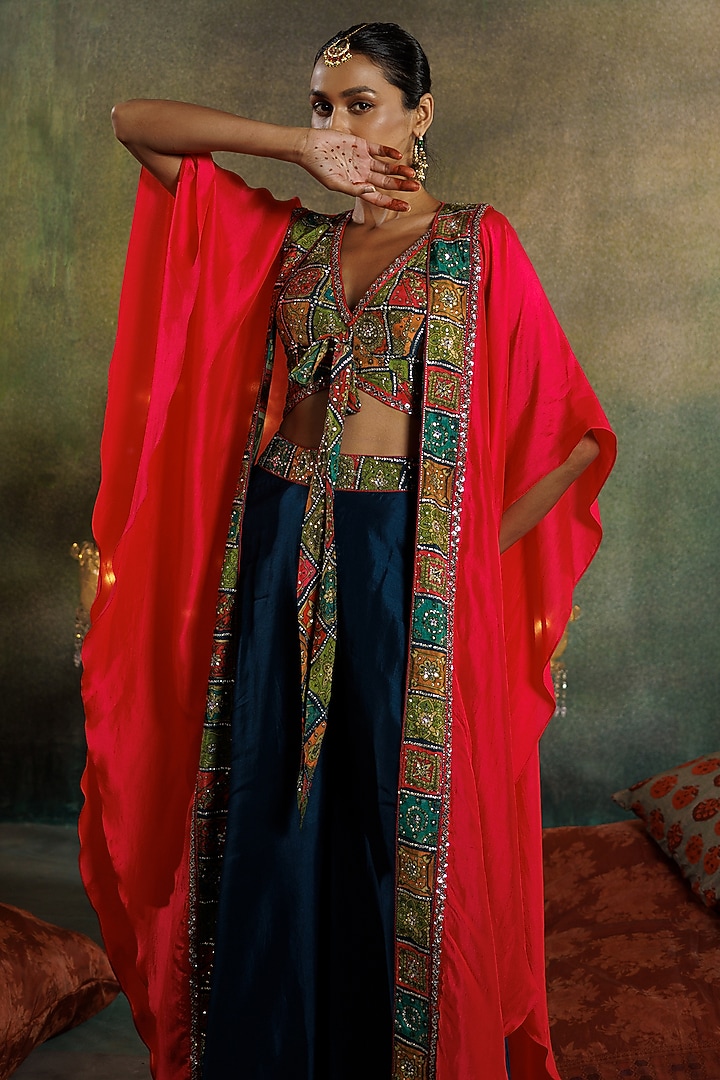 Cerise Pink Silk Sequins & Cutdana Embellished Kaftan Jacket Set by Onaya at Pernia's Pop Up Shop