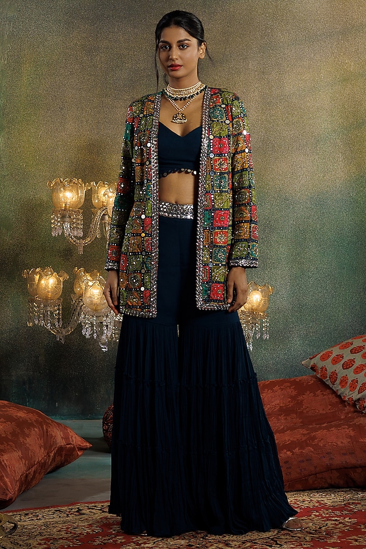Multi-Colored Silk Sequins & Cutdana Embellished Jacket Set by Onaya