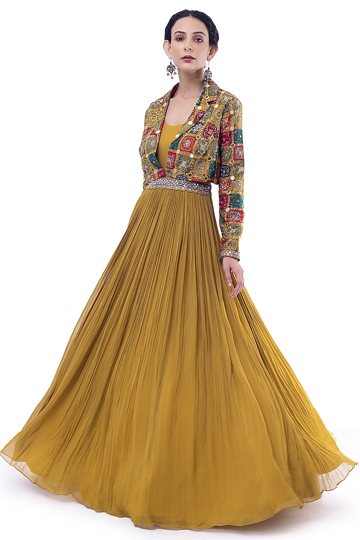 Wasabi Green Georgette Embellished Pleated Gown With Jacket by Onaya