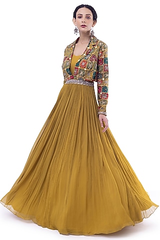 Wasabi Green Georgette Embellished Pleated Gown With Jacket by Onaya