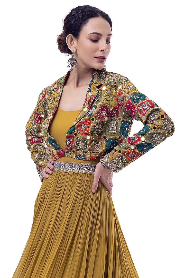 Wasabi Green Georgette Embellished Pleated Party Wear Gown With Jacket by Onaya at Pernia's Pop Up Shop