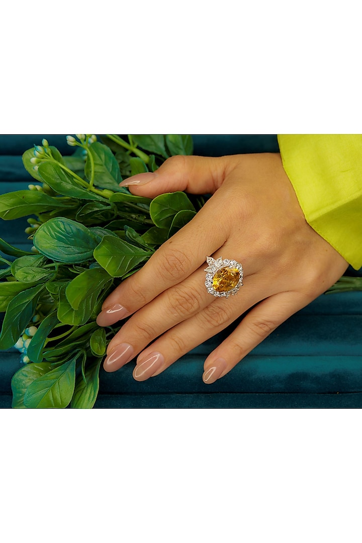 White Finish Pear-Shaped Diamond & Round Yellow Topaz Ring by OnlyCarats at Pernia's Pop Up Shop