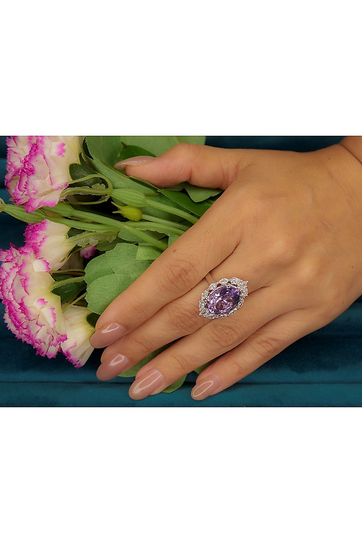 White Finish Pear-Shaped Diamond & Round Amethyst Ring by OnlyCarats at Pernia's Pop Up Shop