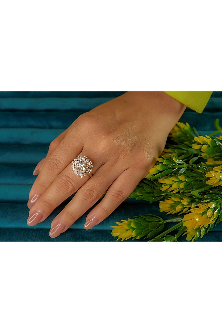 Yellow Gold Finish Pear-Shaped & Solitaire Diamond Floral Ring by OnlyCarats at Pernia's Pop Up Shop