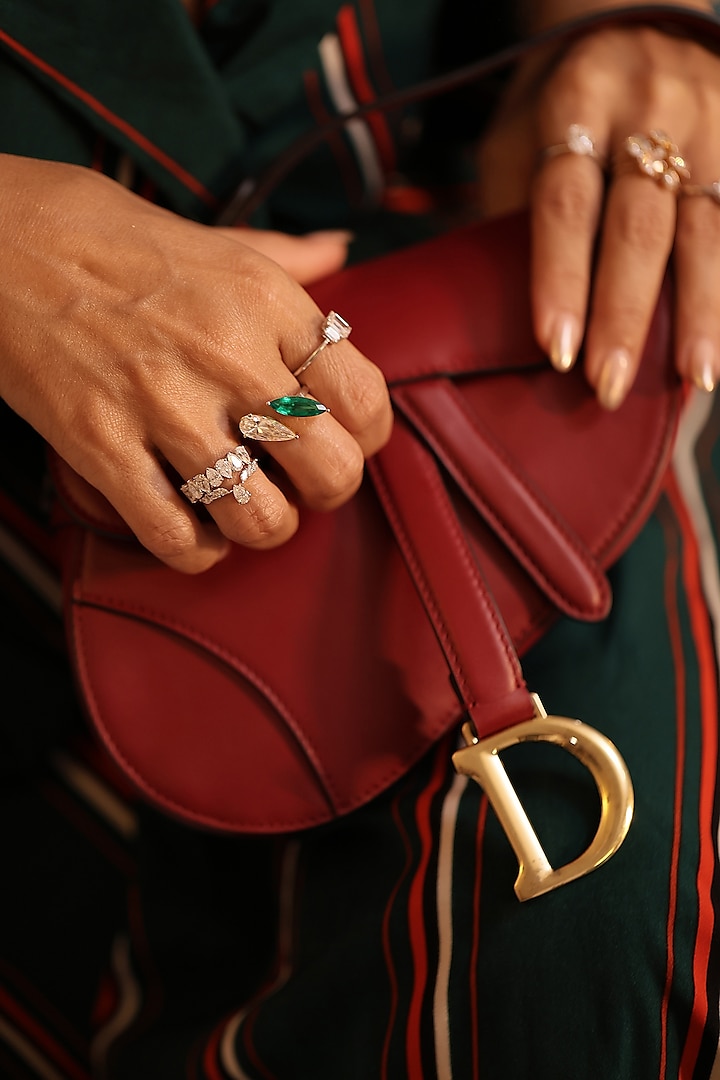 Yellow Gold Finish Pear-Cut Diamond & Lab Columbian Emerald Ring by OnlyCarats at Pernia's Pop Up Shop