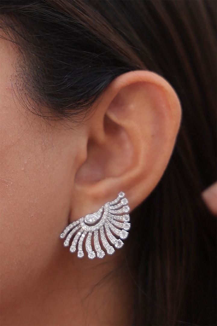 White Finish Round & Pear-Shaped Diamonds Half Moon Earrings by OnlyCarats at Pernia's Pop Up Shop