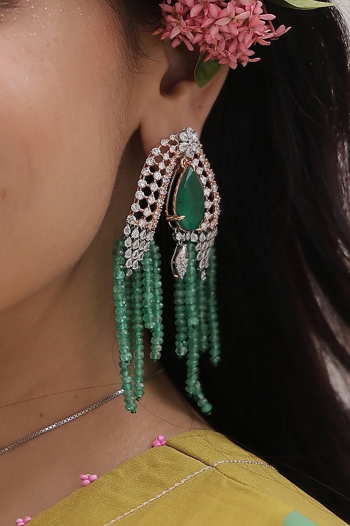 White Finish Diamonds & Green Drop Dangler Earrings by OnlyCarats at Pernia's Pop Up Shop