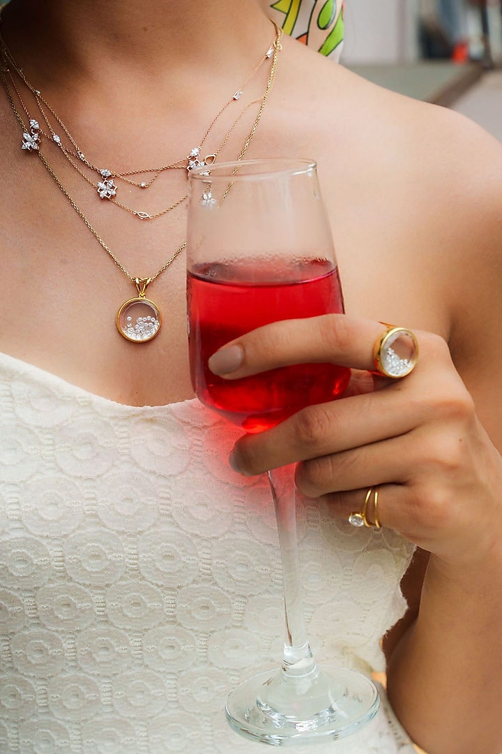 Yellow Gold Finish Round-Shaped Diamond & Sapphire Crystal Round Pendant Necklace by OnlyCarats at Pernia's Pop Up Shop