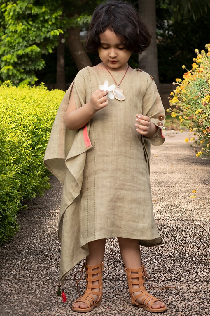 Ivory Olive Green Linen Dress For Girls by Onari kids at Pernia's Pop Up Shop