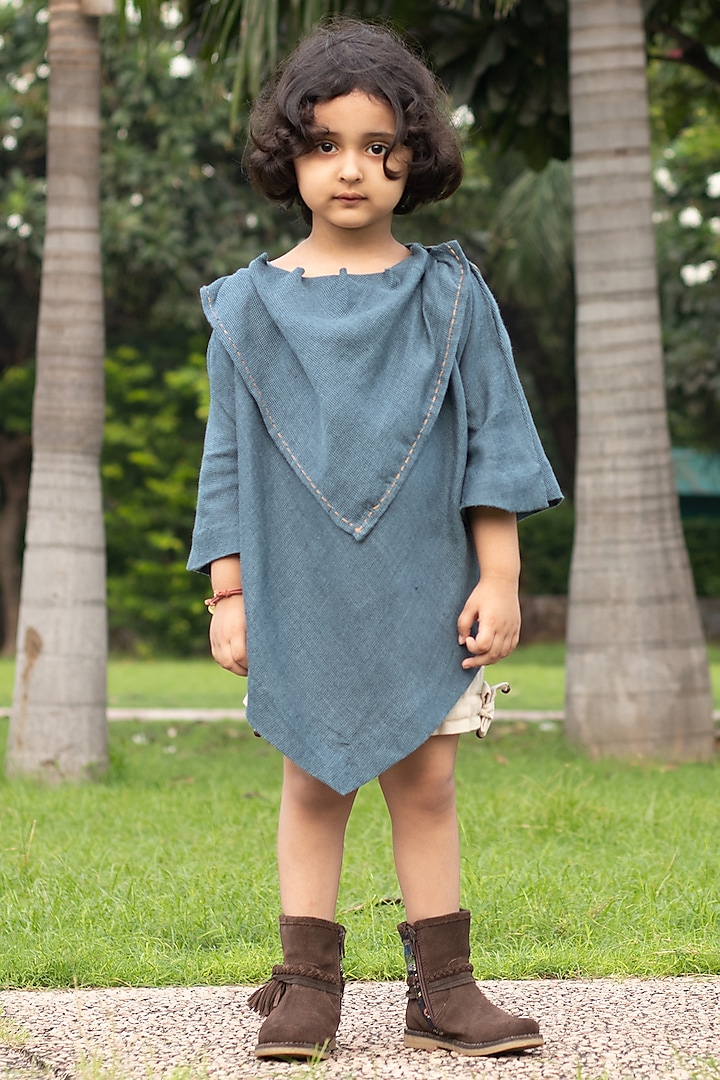 Curious Blue Embroidered Cowl Top For Girls by Onari kids