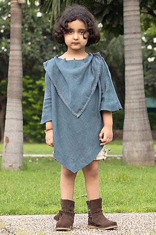 Curious Blue Embroidered Cowl Top For Girls by Onari kids