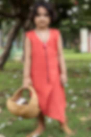 Brick Red Linen Wrap-Around Tea-Length Dress For Girls by Onari kids