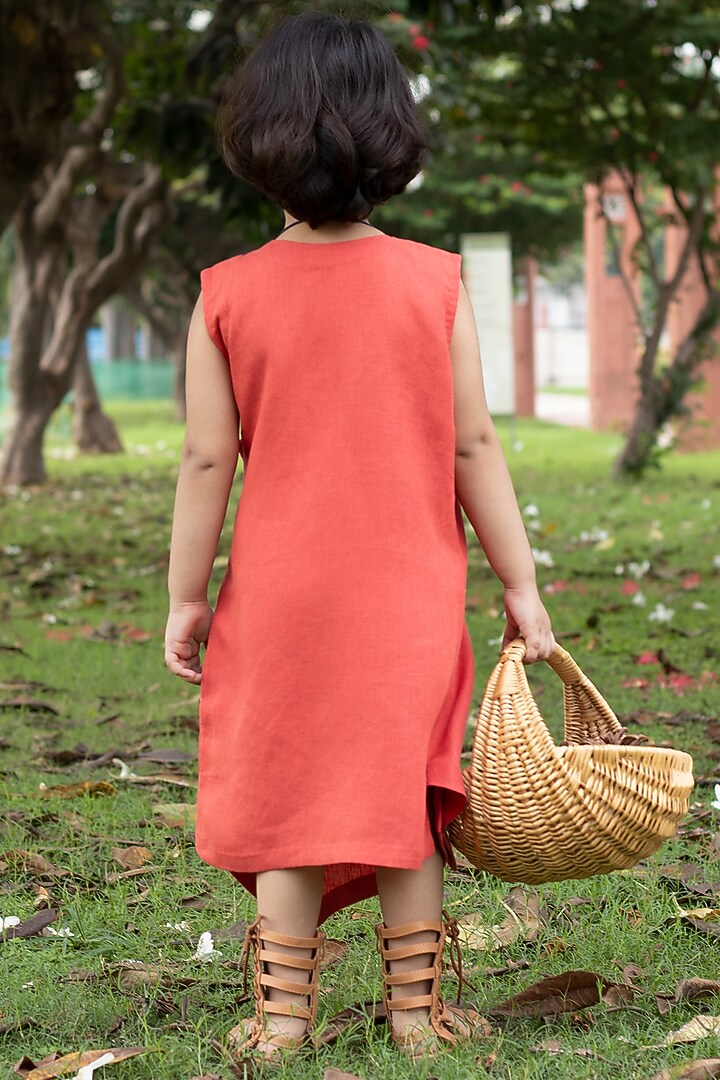 Brick Red Linen Wrap-Around Tea-Length Dress For Girls by Onari kids at Pernia's Pop Up Shop