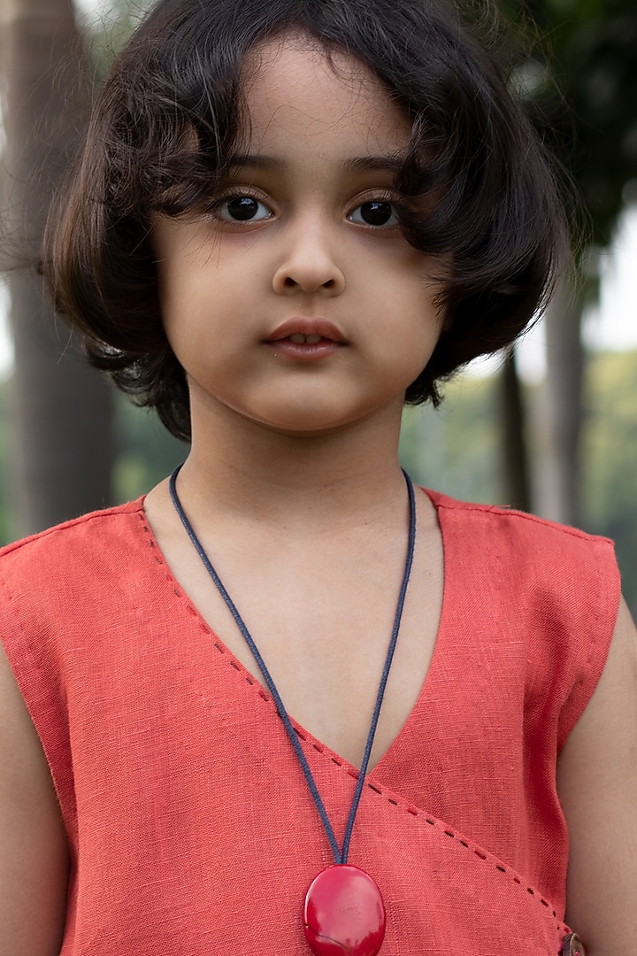 Brick Red Linen Wrap-Around Tea-Length Dress For Girls by Onari kids at Pernia's Pop Up Shop