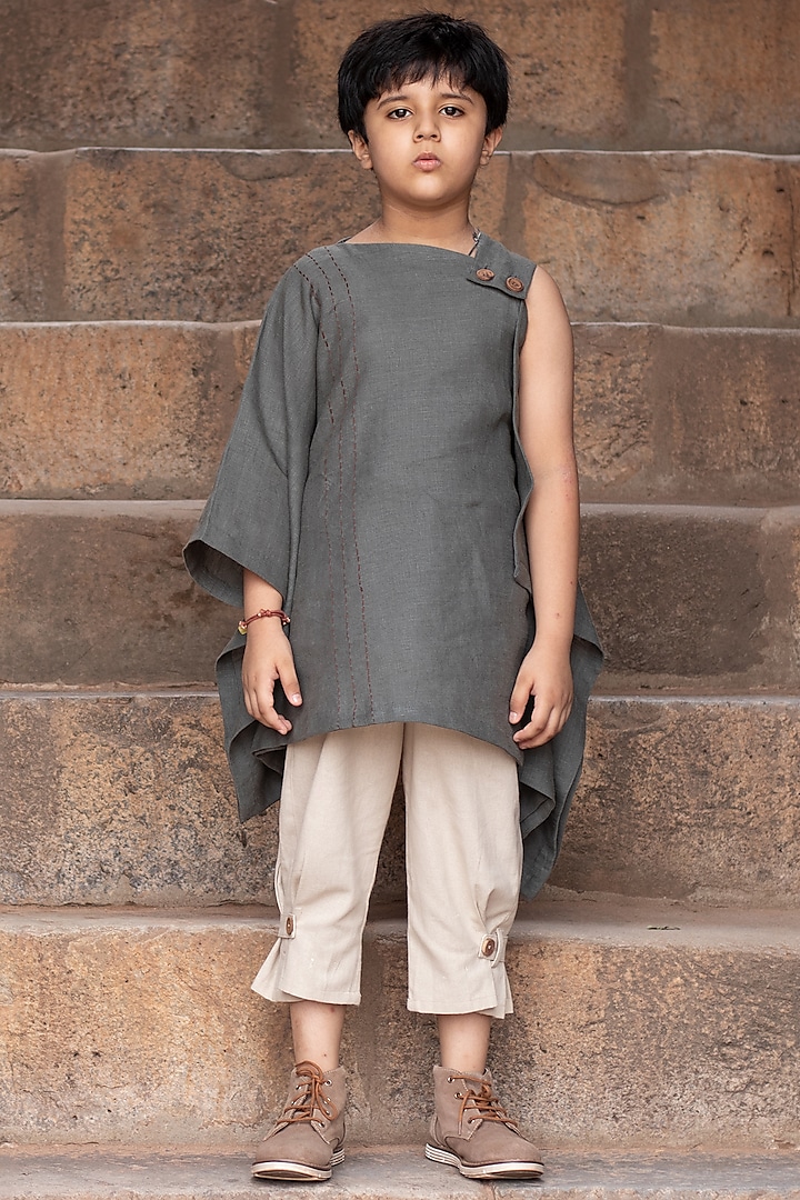 Basil Green Kantha Embroidered Top For Boys by Onari kids