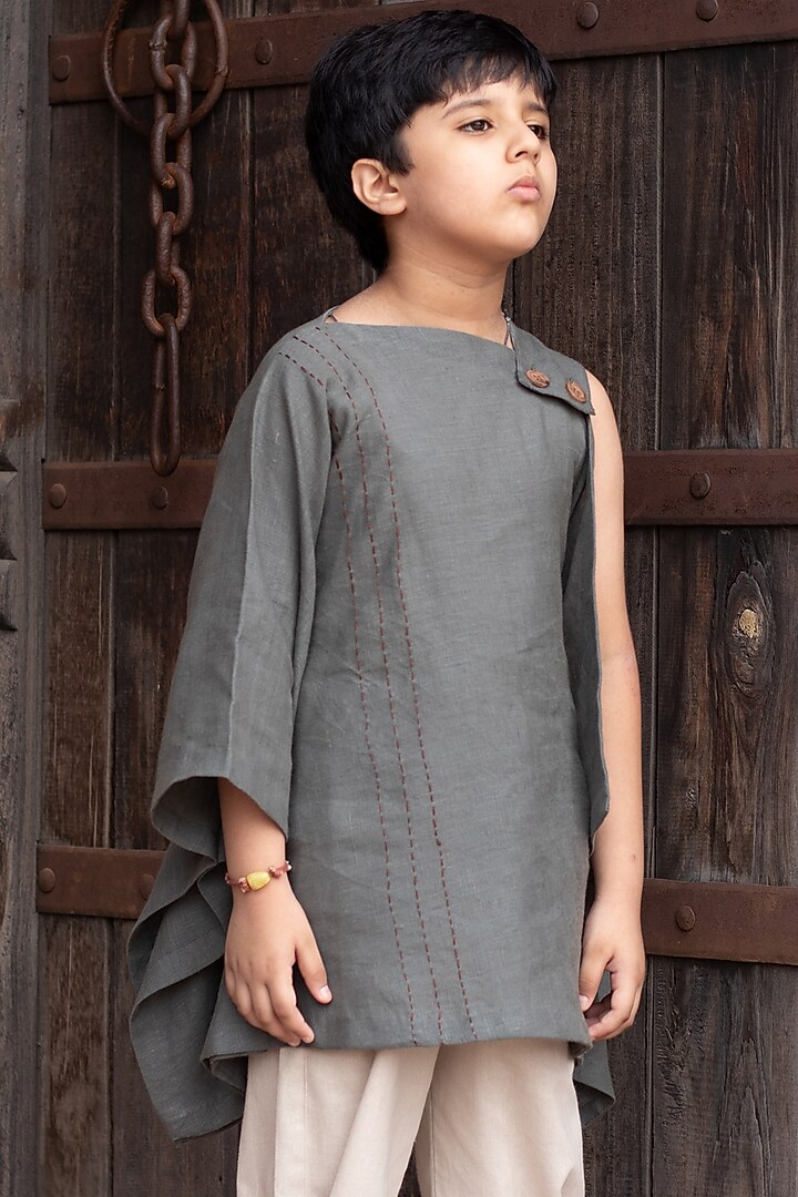 Basil Green Kantha Embroidered Top For Boys by Onari kids at Pernia's Pop Up Shop