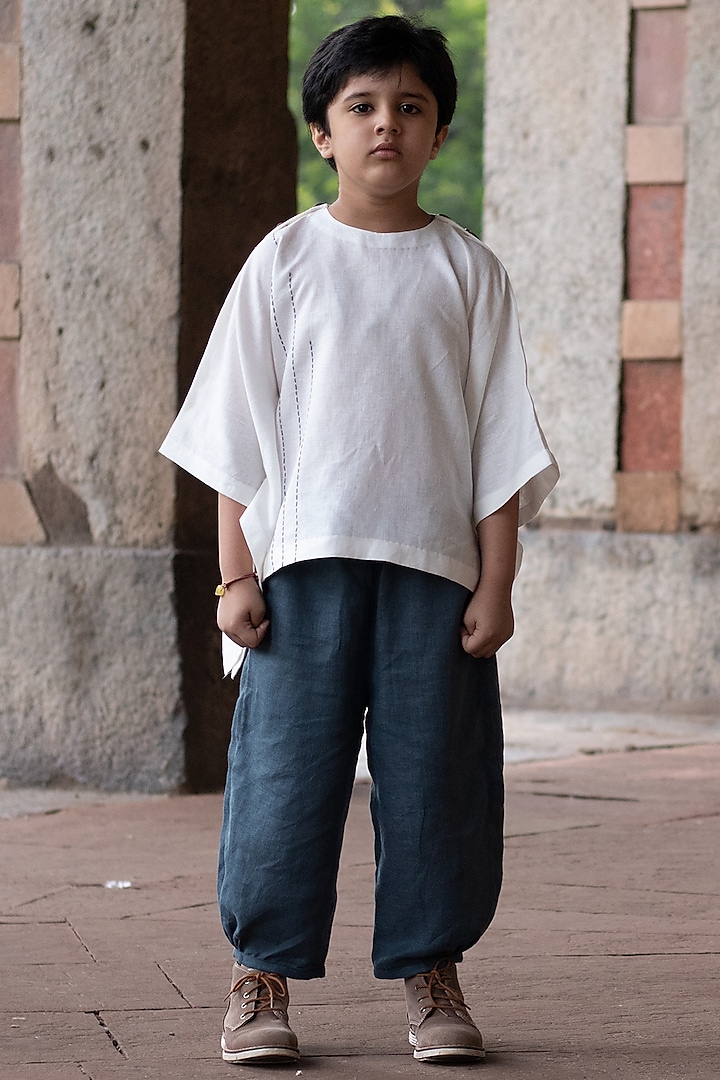 White Kantha Embroidered Top For Boys by Onari kids