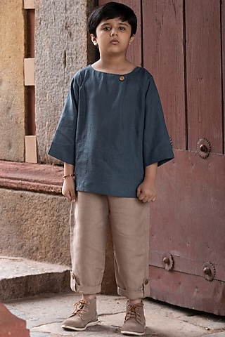 Police Blue Kantha Embroidered Top For Boys by Onari kids