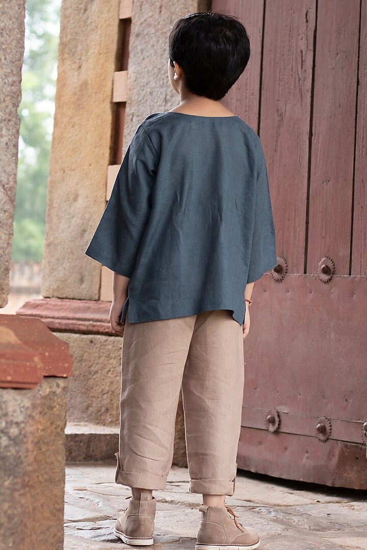 Police Blue Kantha Embroidered Top For Boys by Onari kids at Pernia's Pop Up Shop