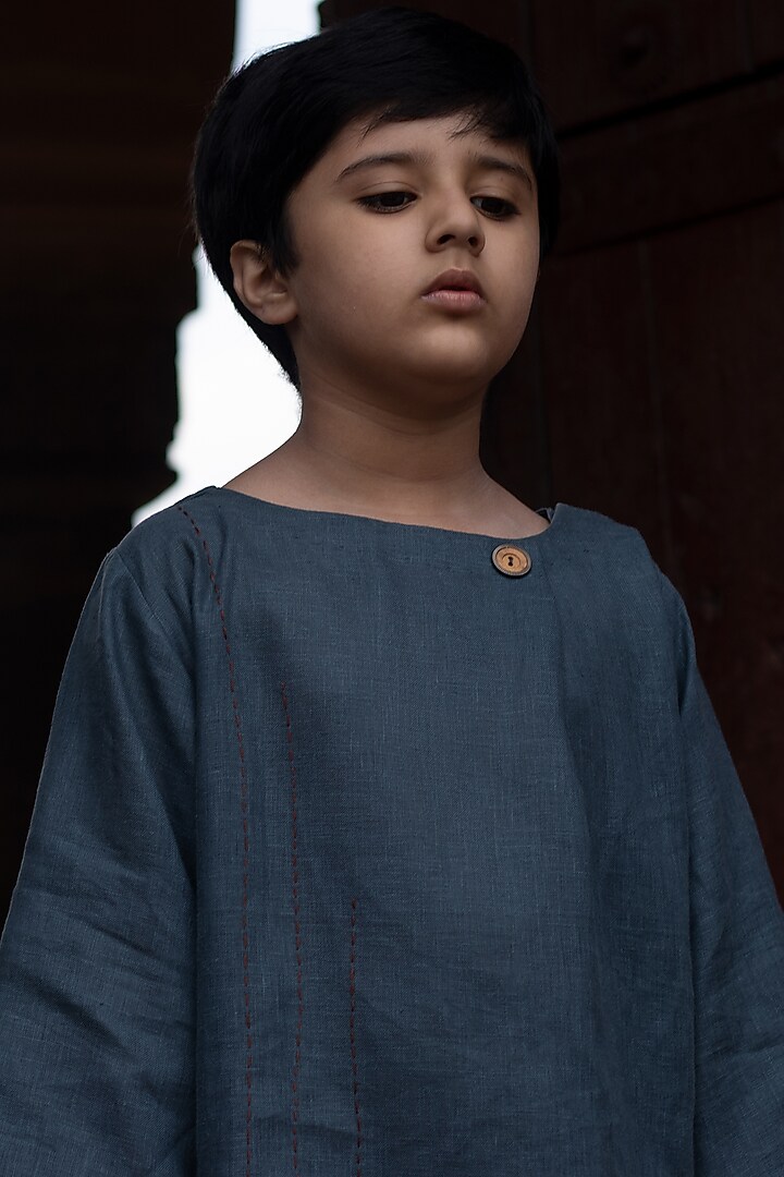 Police Blue Kantha Embroidered Top For Boys by Onari kids at Pernia's Pop Up Shop