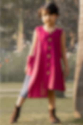 Crimson-Pink Kantha Embroidered Linen Dress For Girls by Onari kids