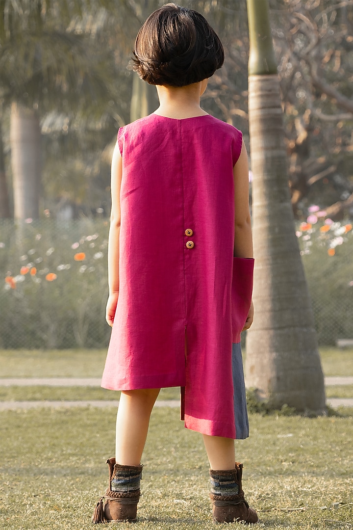 Crimson-Pink Kantha Embroidered Linen Dress For Girls by Onari kids at Pernia's Pop Up Shop