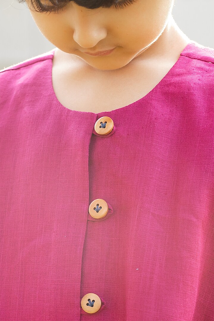 Crimson-Pink Kantha Embroidered Linen Dress For Girls by Onari kids at Pernia's Pop Up Shop