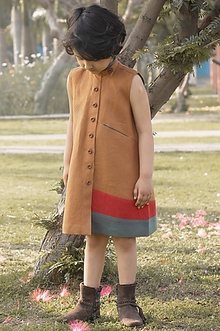 Mustard Yellow Kantha Embroidered Linen Dress For Girls by Onari kids