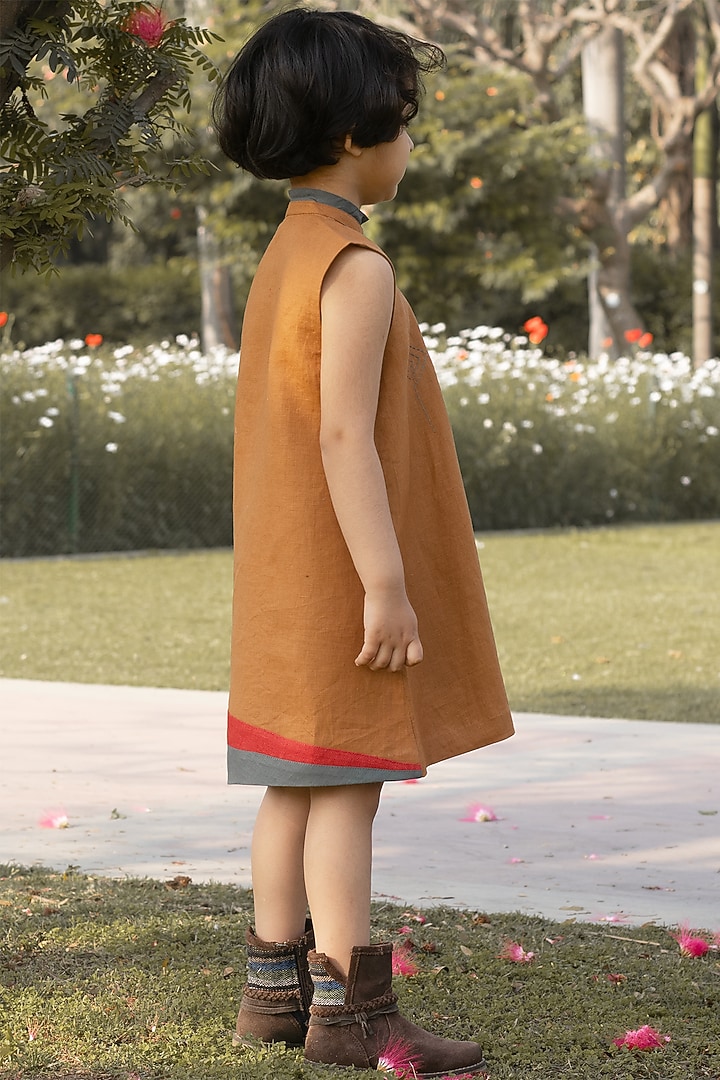 Mustard Yellow Kantha Embroidered Linen Dress For Girls by Onari kids at Pernia's Pop Up Shop