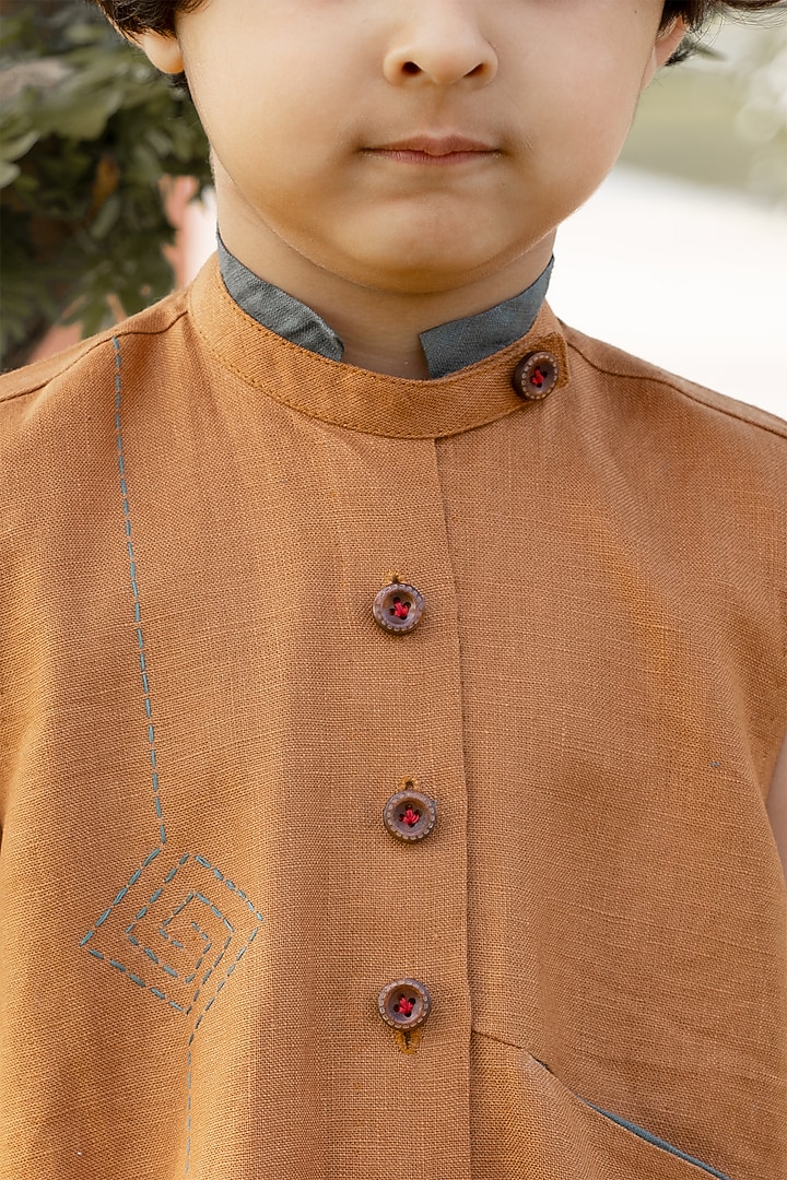 Mustard Yellow Kantha Embroidered Linen Dress For Girls by Onari kids at Pernia's Pop Up Shop