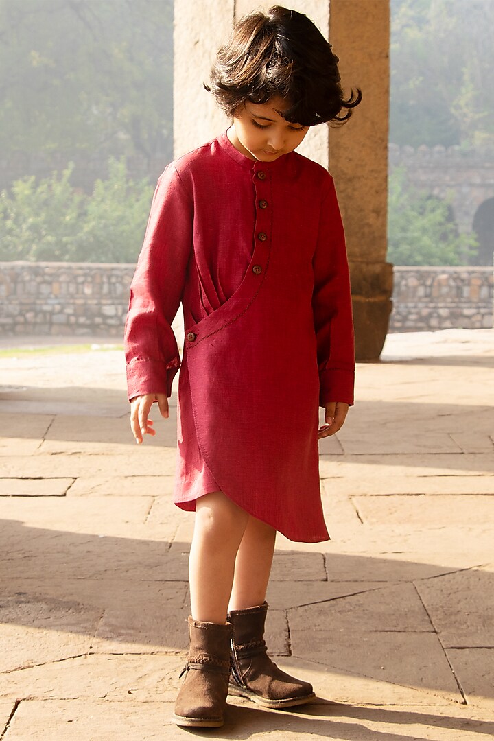 Candy-Red Embroidered Linen Dress For Girls by Onari kids
