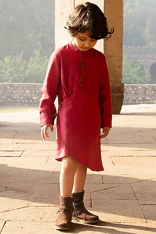 Candy-Red Embroidered Linen Dress For Girls by Onari kids