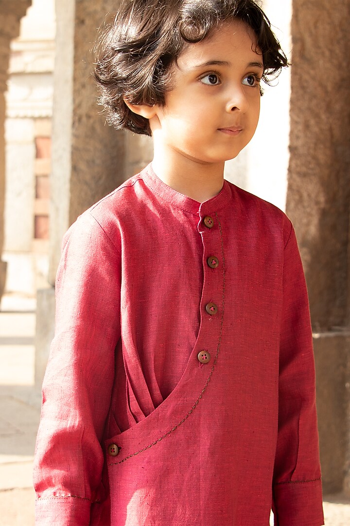 Candy-Red Embroidered Linen Dress For Girls by Onari kids at Pernia's Pop Up Shop