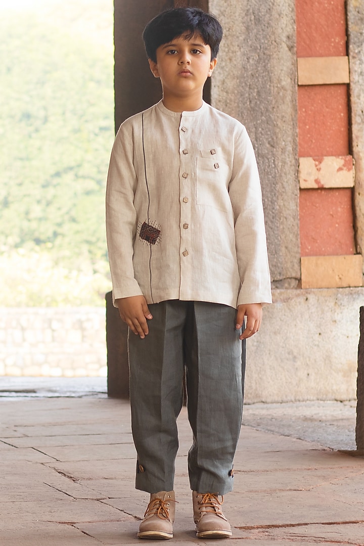 Ivory Embroidered Linen Top For Boys by Onari kids