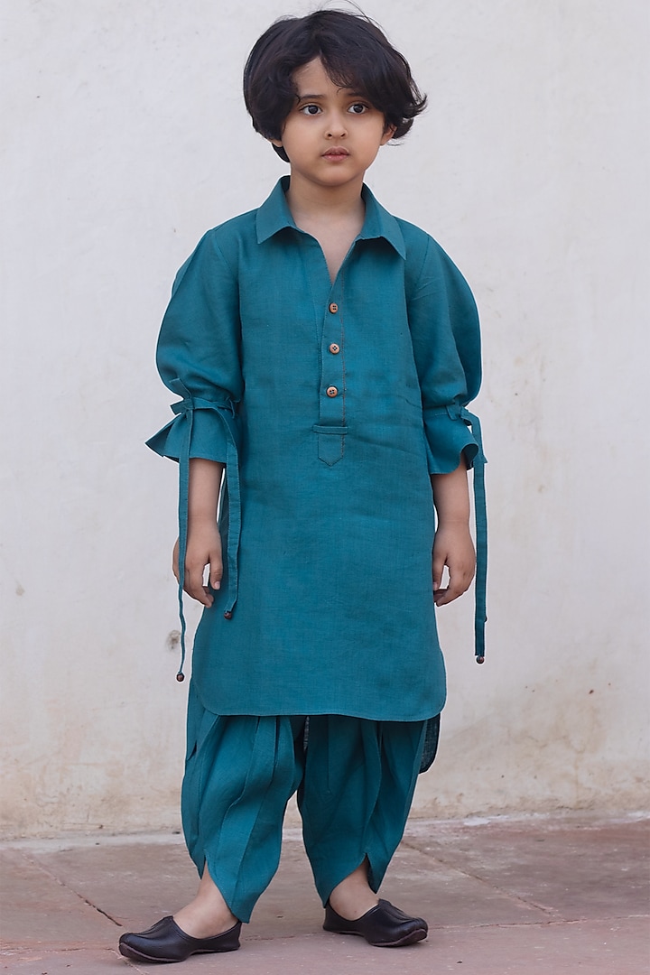 Peacock-Blue Embroidered Pathani Kurta Set For Girls by Onari kids