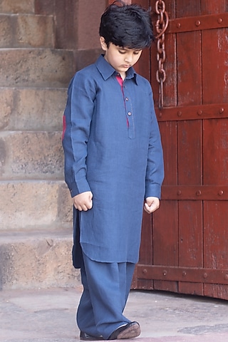 Navy-Blue Kantha Embroidered Pathani Kurta Set For Boys by Onari kids