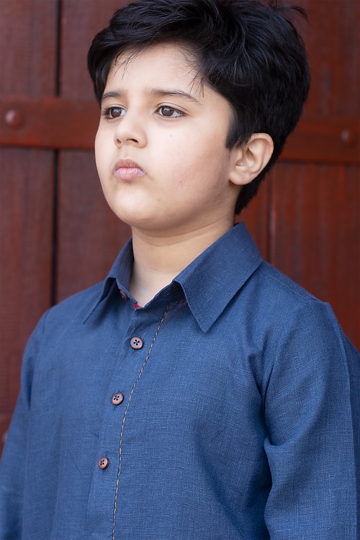 Navy-Blue Kantha Embroidered Pathani Kurta Set For Boys by Onari kids at Pernia's Pop Up Shop