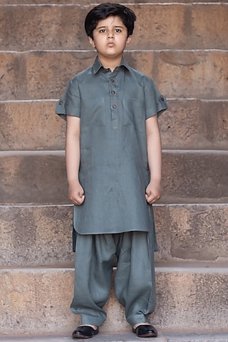 Viridian-Green Pathani Kurta Set For Boys by Onari kids