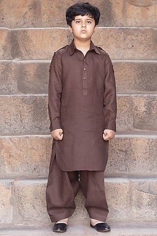 Dark-Brown Pathani Kurta Set For Boys by Onari kids