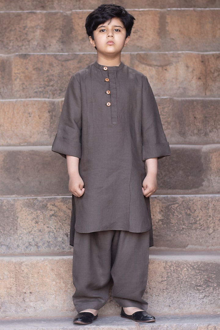 Night-Forest Green Embroidered Pathani Kurta Set For Boys by Onari kids