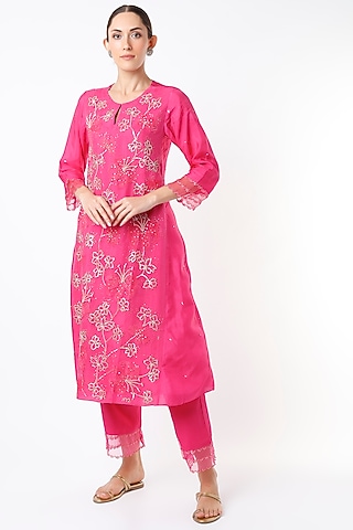 Hot Pink Embroidered Palazzo Pants by One not two