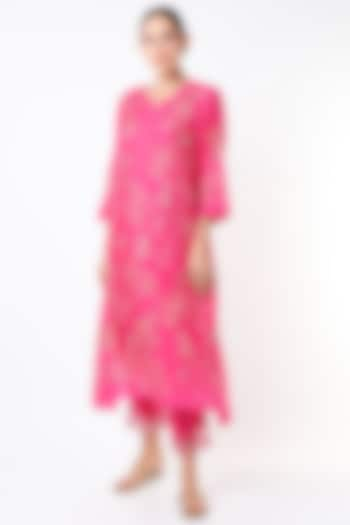 Hot Pink Crushed Silk Embroidered Kurta by One not two