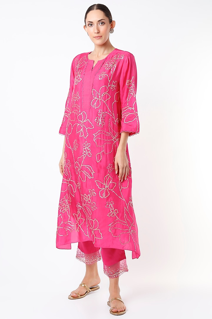Hot Pink Crushed Silk Embroidered Kurta by One not two