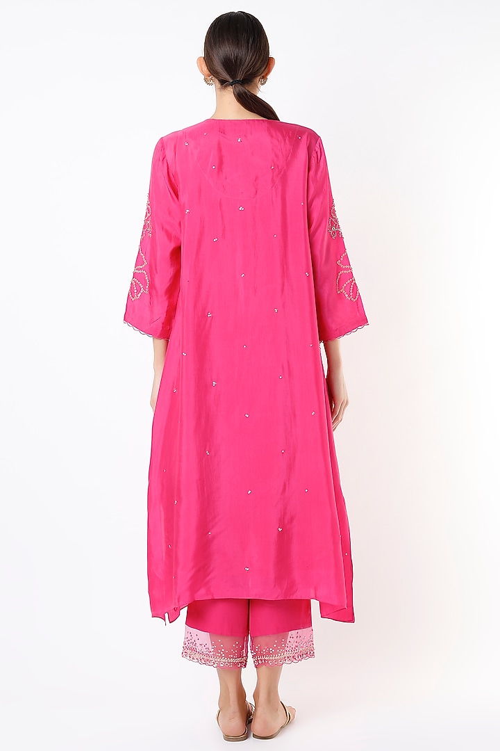 Hot Pink Crushed Silk Embroidered Kurta by One not two at Pernia's Pop Up Shop