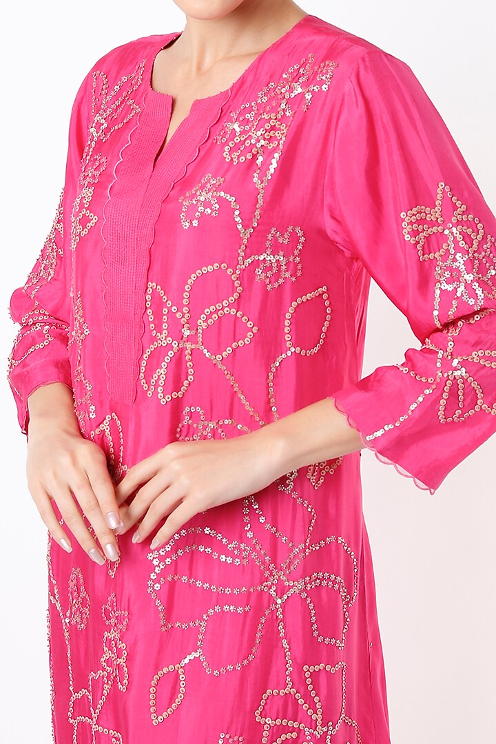 Hot Pink Crushed Silk Embroidered Kurta by One not two at Pernia's Pop Up Shop