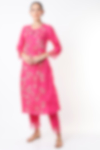 Hot Pink Embroidered A-Line Kurta by One not two