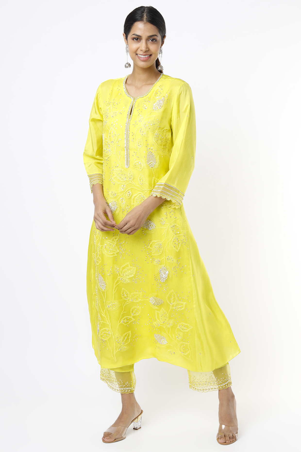 Yellow Embroidered A-Line Paneled Kurta by One not two at Pernia's Pop Up Shop