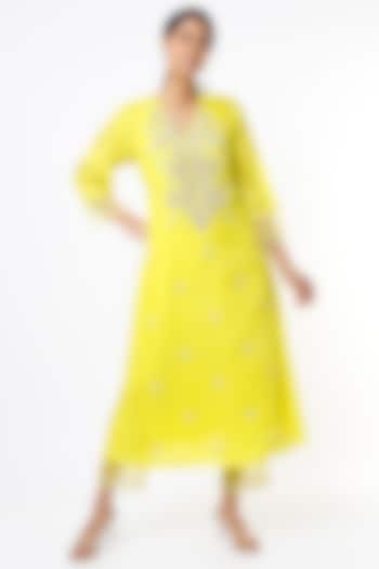 Yellow Embroidered A-Line Kurta by One not two