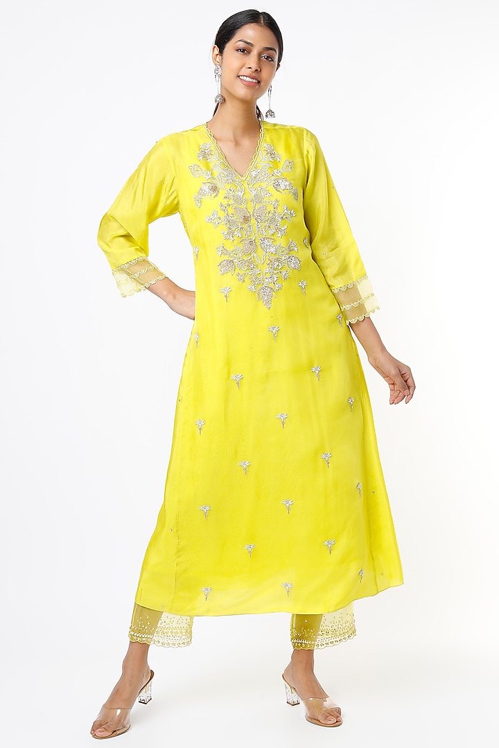 Yellow Embroidered A-Line Kurta by One not two